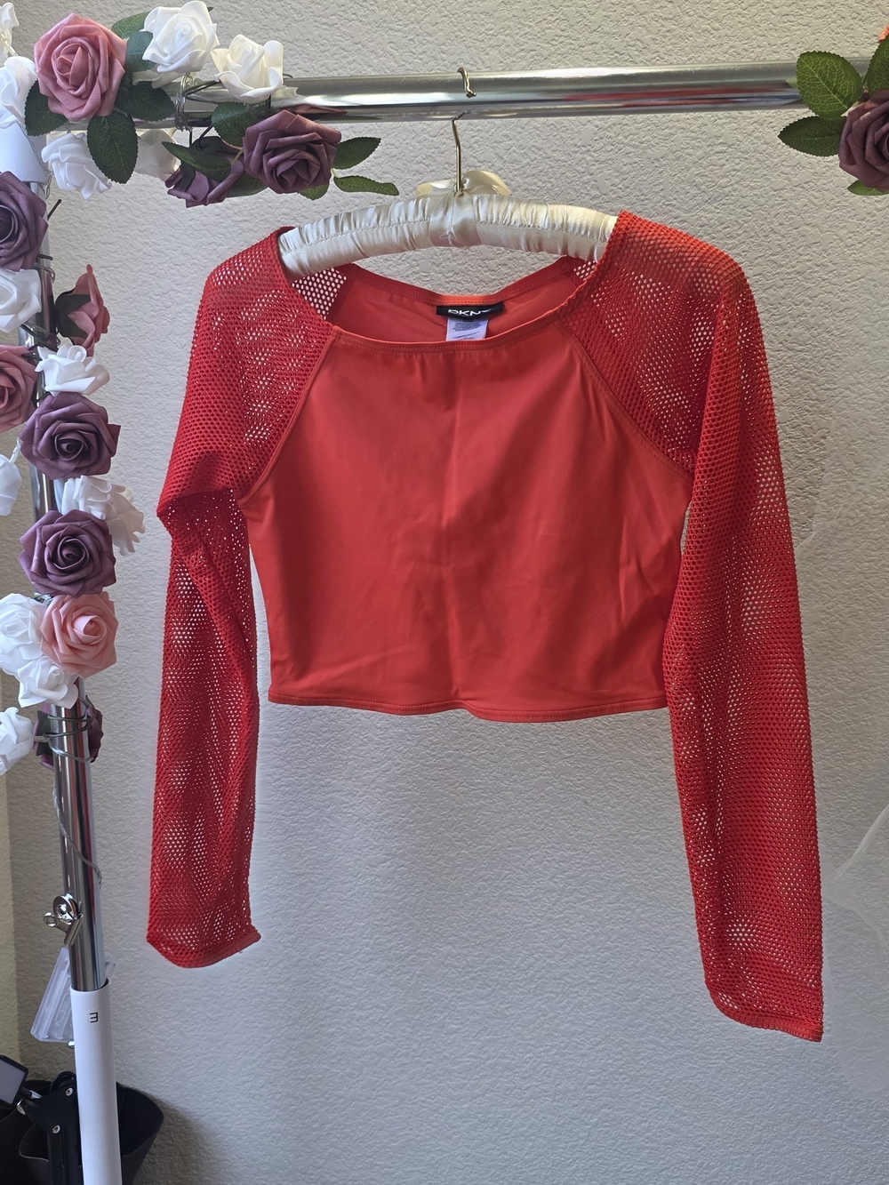 DKNY Orange Mesh Sleeve Cropped Top